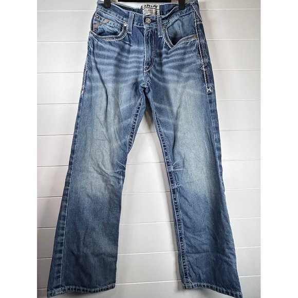 Ariat M4 Relaxed Boot Cut Jeans 28x30 Denim Light Wash White Stitching Design - Picture 1 of 14